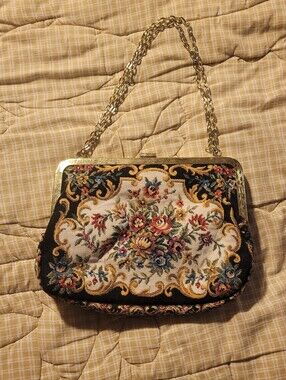 Vintage Floral Tapestry Handbag Chain Strap Gold Tone